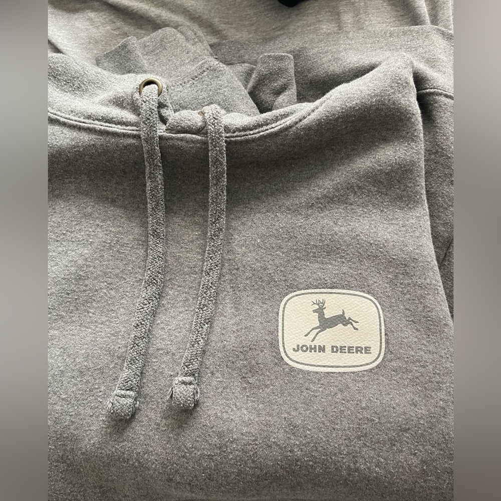 John Deere grey hoodie small logo on front big print on back of hoodie